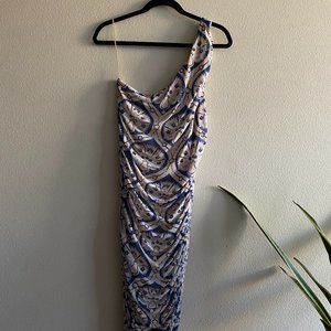 House Of Harlow 1960 One Shoulder Ruched Silhouette Dress Blue Beige Fariycore